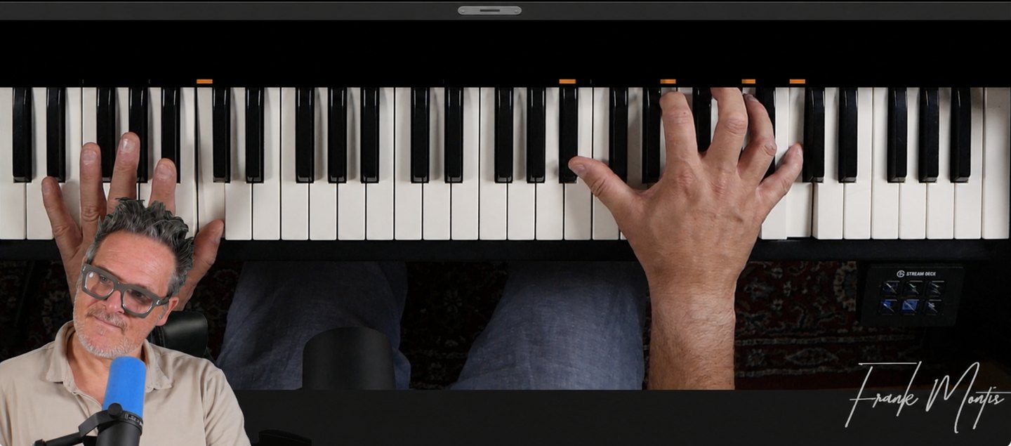 Frank Montis at the piano, seen from above the keyboard as in his lesson videos